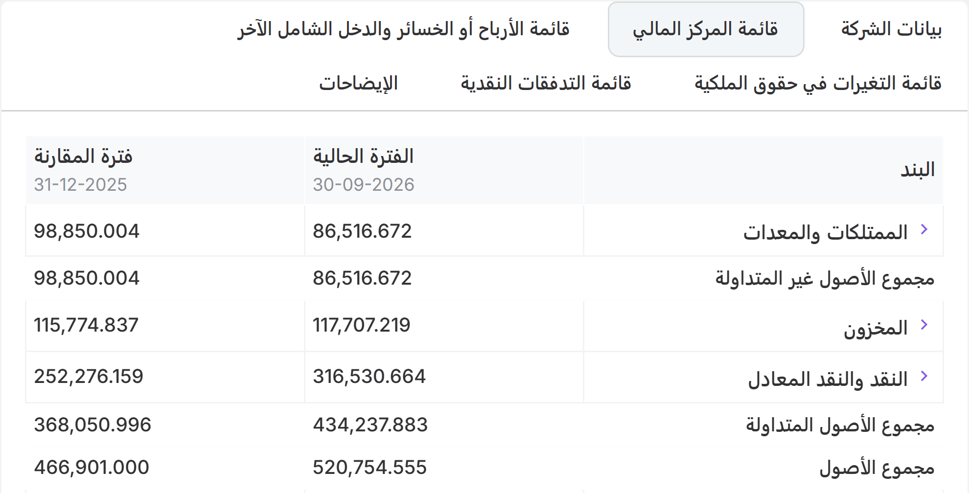 قائمة المركز المالي في ميزان وزارة التجارة